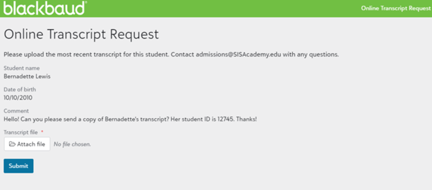 Online Transcript Request user interface